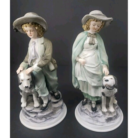 Andrea by Sadek Boy & Girl Dog Bisque Porcelain Figurines Ethan Allen 3213A VTG - Picture 1 of 16